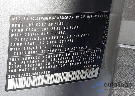 2018 Volkswagen Tiguan 2.0T S из США, поврежденный, VIN 3VV1B7AX5JM052288